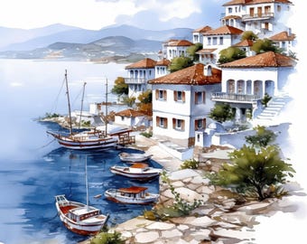 14 Greece Seaside Scenes Clipart Bundle, Printable Watercolor Landscape Images Illustrations, High Quality JPGs, Junk Journals, Paper Crafts