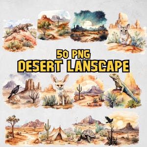 Aquarel woestijnlandschappen clipartbundel, landschap clipartset, cactussen, cactus, nachtelijke hemel, westerse png-illustraties, commercieel gebruik