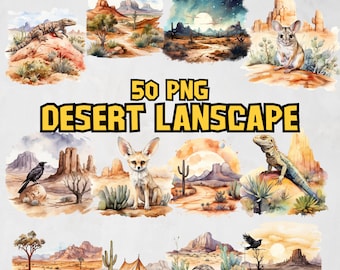 Watercolor Desert Landscapes Clipart Bundle, Landscape Clipart Set, Cacti, Cactus, Night Sky, Western PNG Illustrations, Commercial Use
