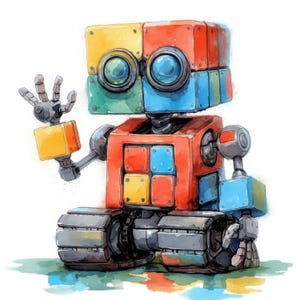 May include: A colorful watercolor illustration of a friendly robot. The robot's head is a cube divided into sections of yellow, green, red, and blue. It has large, round eyes and a waving hand. The body is red with colorful squares.