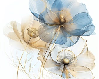 12 Clipart di fiori astratti ad acquerello, stampe floreali, illustrazioni di fiori astratti, immagini floreali, fiori blu in formato JPG di alta qualità