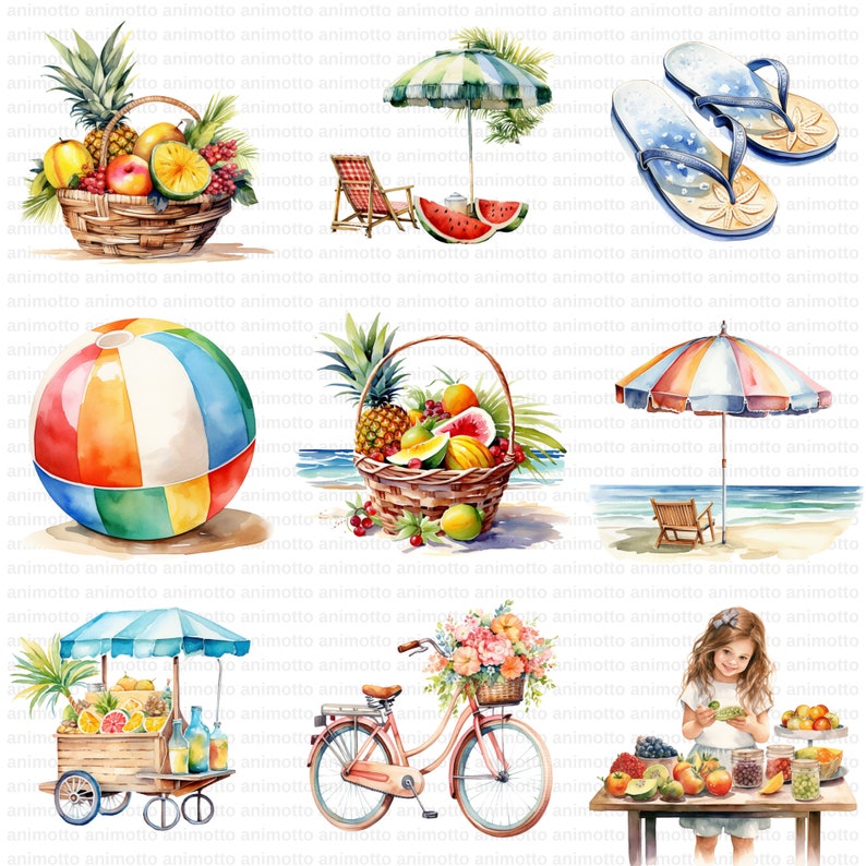 Watercolor Summer Clipart Bundle, Summer Clipart Set, Beach PNG, Sun ...