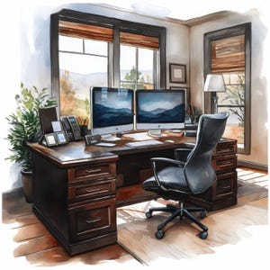 May include: Watercolour illustration of a home office with a dark wood desk, two computer monitors, and a black office chair. The desk has drawers and a telephone. A window with a view of mountains is in the background.