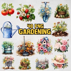 Aquarell Gartenarbeit Clipart Bundle, Gartengeräte Clipart, Obst Grafiken, Gartenblumen PNG, Gartengeräte PNG, kommerzielle Nutzung