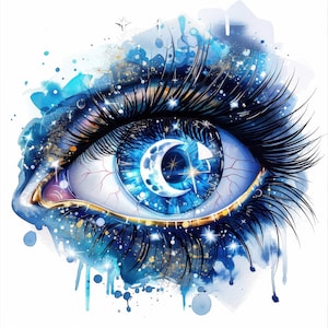 Op de afbeelding: Een close-up van een blauw oog met een halve maan en sterren in de iris. Het oog wordt omringd door lange zwarte wimpers en een aquarel achtergrond.