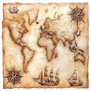 Może przedstawiać: Mapa świata w stylu vintage w odcieniach sepii, z szczegółowymi kontynentami i oceanami. Mapa zawiera ilustracje żaglowców i róż wiatrów. Krawędzie mapy mają postarzany, zużyty wygląd.