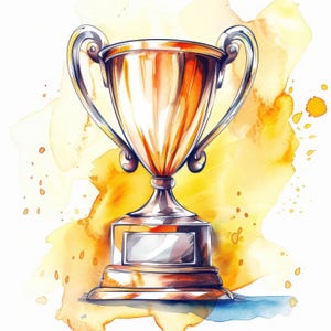 May include: A gold trophy with a watercolor background. The trophy has a classic design with two handles and a base.
