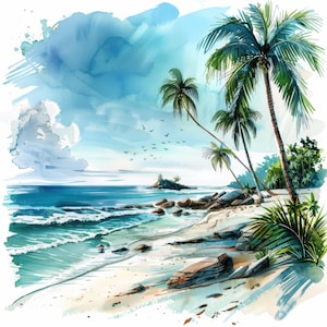 22 Tropical Beach Clipart Illustration Bundle, Watercolor Summer Illustrations, High Quality JPG, Paper craft, Junk journals, Card Making