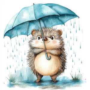 12 Igel im Regen, Clipart Bundle, Igel und Regenschirm, druckbare Aquarell Clipart, hochwertige JPGs, digitaler Download, Papierhandwerk