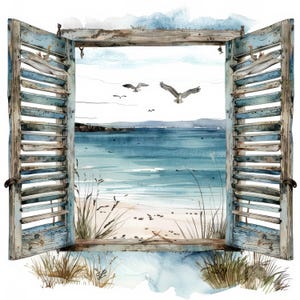 18 open raam naar Ocean View Clipart, venster naar zee Clipart, afdrukbare aquarel clipart, hoge kwaliteit JPG's, Digitale download, Papercraft