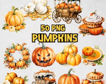 Akvarellpumpor Clipart-paket, pumpahöstdekor digitala illustrationer, målad pumpa Clipart-set, 50 PNG-grafik, kommersiellt bruk