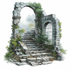 Könnte beinhalten: Aquarellillustration eines steinernen Torbogens und einer Treppe, überwuchert von grünen Weinreben. Die Stufen führen nach oben und deuten auf einen Weg zu einem versteckten Garten oder Schloss hin. Das Kunstwerk hat eine weiche, ätherische Qualität.