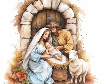 12 Nativity Scene Clipart Bundle, Religion Prints Illustrations, Printable Watercolor Clipart, High Quality JPG, Paper craft, Junk Journals