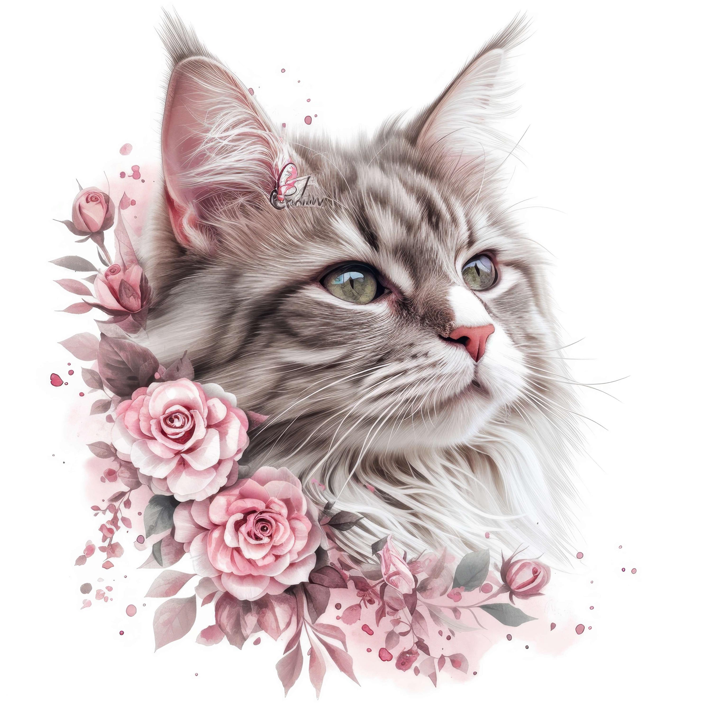 19 Floral Cats Clipart Bundle, Cats in Roses Illustrations, Printable ...