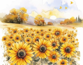 11 Sunflower Field Clipart Bundle, Bright Sunny Illustrations, Printable Watercolor Clipart, High Quality JPGs, Paper crafts, Commercial Use