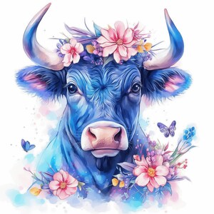 May include: A watercolor illustration of a blue bull with large horns, adorned with a floral crown of pink and purple flowers. Butterflies and additional flowers are scattered around the bull's head, creating a whimsical and artistic design.