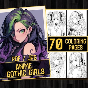 Anime Gothic Girls Coloring Book 70 Page Manga Fantasy Grayscale Coloring Pages for Children & Adults, Instant Download, Printable PDF JPG
