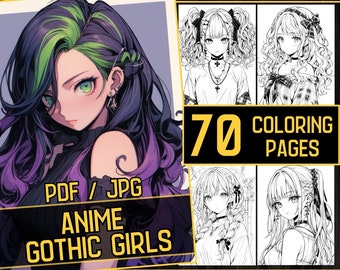 Anime Gothic Girls Coloring Book 70 Page Manga Fantasy Grayscale Coloring Pages for Children & Adults, Instant Download, Printable PDF JPG
