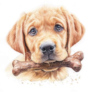 Könnte beinhalten: Aquarellillustration eines goldenen Labrador-Welpen mit großen, ausdrucksstarken Augen. Der Welpe hält einen braunen Knochen im Maul. Das Kunstwerk hat einen weichen, malerischen Stil, mit weißem Hintergrund und subtilen Aquarellspritzern.