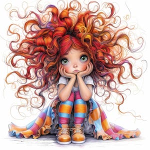 12 Quirky Cute Little Messy Hair Girl Clipart Bundle, Whimsical Illustration, Printable Watercolor clipart, High Quality JPG, Paper crafts