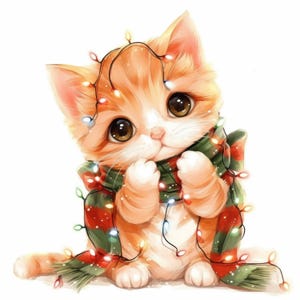 10 Cartoon Christmas Kitten Clipart Bundle, Cat Illustrations, Printable Watercolor Clipart, High Quality JPG, Paper craft, Junk Journals