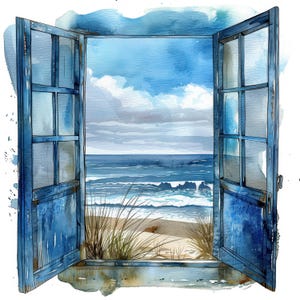 18 Fenster Clipart Bundle, Fenster zum Meer Illustrationen, druckbare Aquarell Cliparts, hochwertige JPGs, Papiermodelle, Meer Bilder