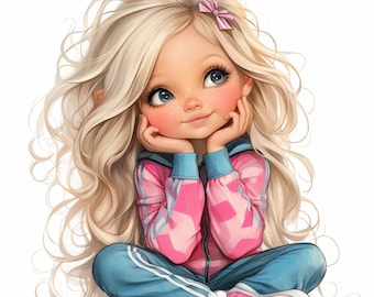 May include: A young girl with long blonde hair and blue eyes is sitting with her legs crossed, wearing a pink and blue tracksuit with white stripes. She is looking up and smiling.