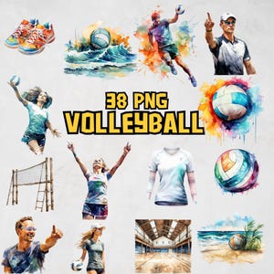 Pacote de clipart de vôlei em aquarela, saque, imagem de bola, gráficos de quadra, ilustrações de equipamentos de vôlei | Gráficos PNG, uso comercial
