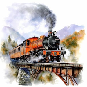 Puede incluir: Pintura a la acuarela de un tren de vapor naranja y negro cruzando un puente. El tren emite humo negro y vapor espeso. El fondo presenta montañas y árboles, creando un paisaje escénico.