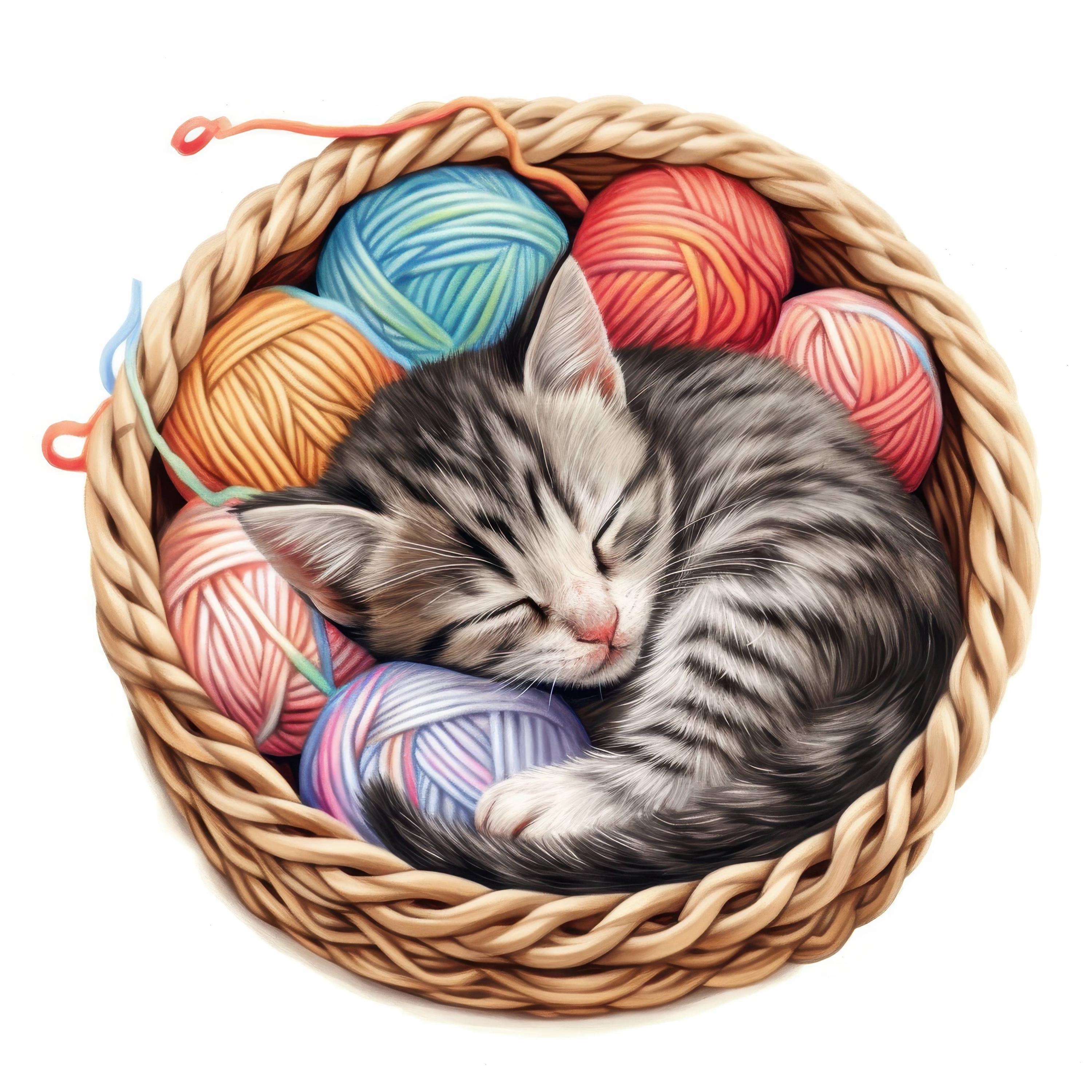 15 Cute Cats in Yarn Baskets Clipart Bundle , Printable Watercolor ...