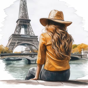 Paquete de 10 imágenes prediseñadas de mujeres mirando la Torre Eiffel, imágenes prediseñadas de acuarela imprimibles, archivos JPG de alta calidad, descarga digital, manualidades de papel, revistas basura