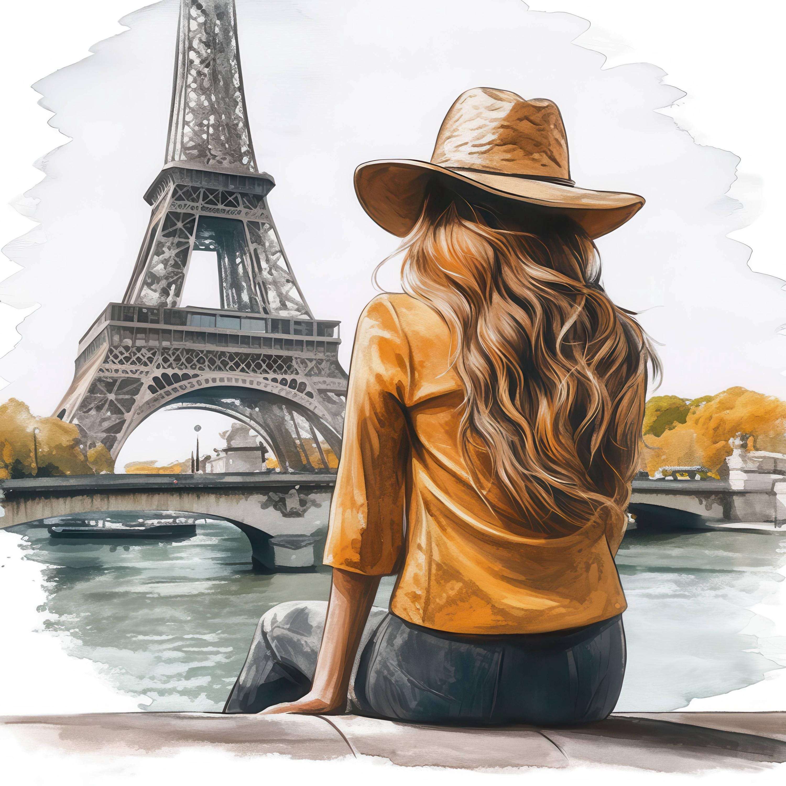 エッフェル塔を眺める女性10人のイラストセット、水彩画のプリント可能