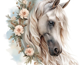 May include: A watercolor illustration of a white horse's head, adorned with a floral arrangement of peach-colored roses and greenery. The horse has flowing, light-colored mane and a serene expression, set against a soft, blue watercolor background.
