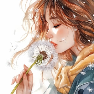 10 Dandelion Girl Clipart Bundle, Spring Woman Illustrations, Printable Watercolor Clipart, High Quality JPG, Paper craft, Junk Journals