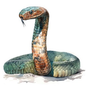 Peut inclure: Illustration à l'aquarelle d'un cobra dressé. Le serpent a une tête marron et sarcelle, un cou cuivré et un corps vert et bleu. La langue du serpent est sortie. Le fond est blanc.