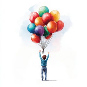 12 bambini con palloncini clipart bundle, palloncini per feste, clipart acquerello stampabile, JPG di alta qualità, album di ritagli, artigianato di carta, diario spazzatura