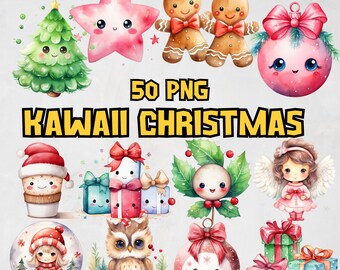 Watercolor Kawaii Christmas Clipart Bundle, Cute Christmas PNG Graphics and Decor, Santa Images, Christmas Tree Illustration, Commercial Use