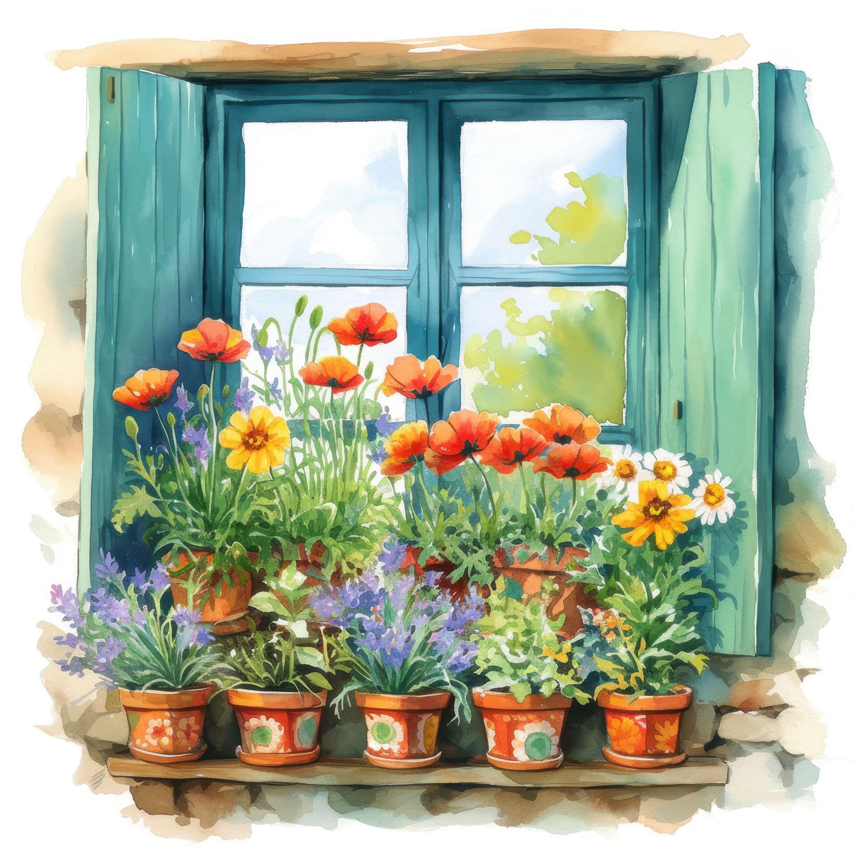 Printable Window Spring Scene 15 Spring Window Clipart Set, Printable Watercolor Spring Flowers ...