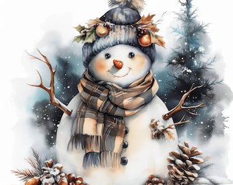 13 Snowman Card Design Clipart Bundle, Winter Illustrations, Printable Watercolor Clipart, High Quality JPG, Paper craft, Junk Journals