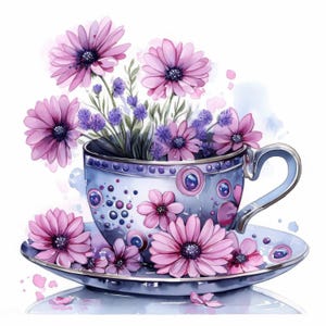 18 Frühlingstee Tasse Clipart Bundle, Florale Teetasse Illustrationen, druckbare Aquarell Cliparts, hochwertige JPG, Papierhandwerk, Junk Journals