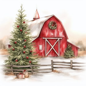 10 Christmas Red Barn Clipart Bundle, Festive Farm Illustrations, Printable Watercolor Clipart, High Quality JPG, Paper craft, Junk Journals