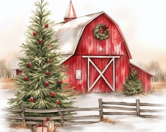 10 Christmas Red Barn Clipart Bundle, Festive Farm Illustrations, Printable Watercolor Clipart, High Quality JPG, Paper craft, Junk Journals