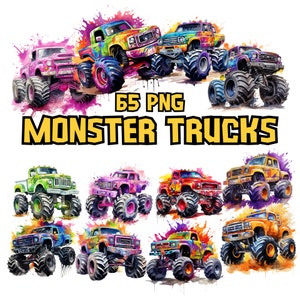 Aquarell Monstertrucks Clipart Bundle, Extrem Geländewagen Clipart, LKW-Illustrationen, transparente PNG-Grafiken, kommerzielle Nutzung