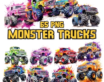 Watercolor Monster Trucks Clipart Bundle, Extreme Offroad Vehicle Clipart, Truck Illustrations, Transparent PNG Graphics, Commercial Use