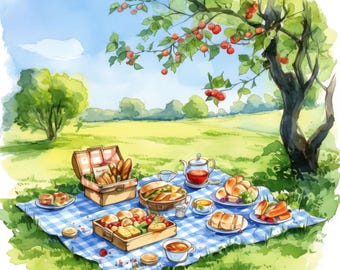 12 Spring Picnic Clipart, Classic Clipart Printable Set, Printable Watercolor Clipart, Instant Digital Download, Scrapbooking, Junk Journals