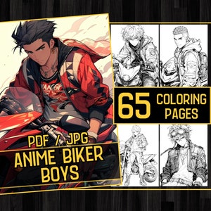 Anime Biker Boys Adult Coloring Book 65 Coloring Pages,Grayscale Motorcycle Men Anime Manga Coloring,Instant Download,Printable PDF & JPG