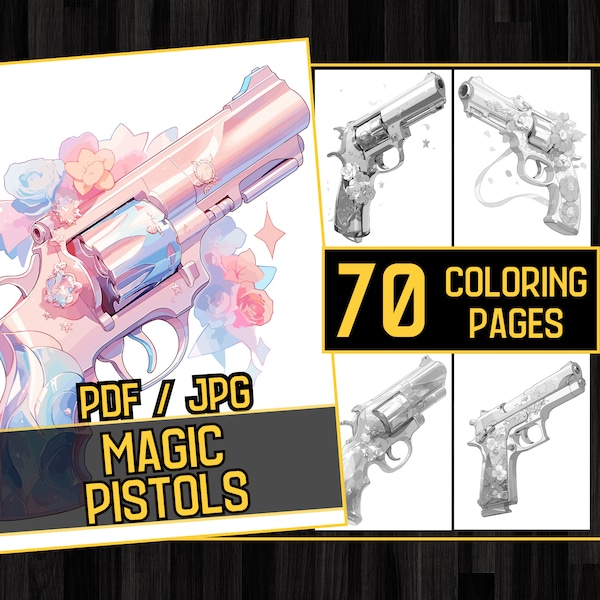 Magic Pistols 70 Gun Coloring Page Book, Adults kids Instant Download - Grayscale Coloring Pages - Printable PDF, gun page , object coloring