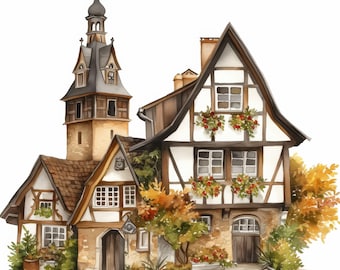 Paquete de 10 imágenes prediseñadas de casas de pueblo inglesas, ilustraciones de casas londinenses, imágenes prediseñadas de acuarela imprimibles, JPG de alta calidad, manualidades de papel, diario