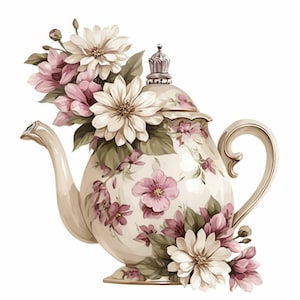 18 Vintage Floral Teapot Clipart Bundle, Tea Time Illustrations, Printable Watercolor Clipart, High Quality JPG, Paper craft, Commercial Use
