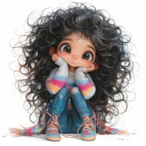 11 Bundle de cliparts petite fille brune mignonne et décalée, illustration fantaisiste, clipart aquarelle imprimable, JPG de haute qualité, carte artisanale en papier